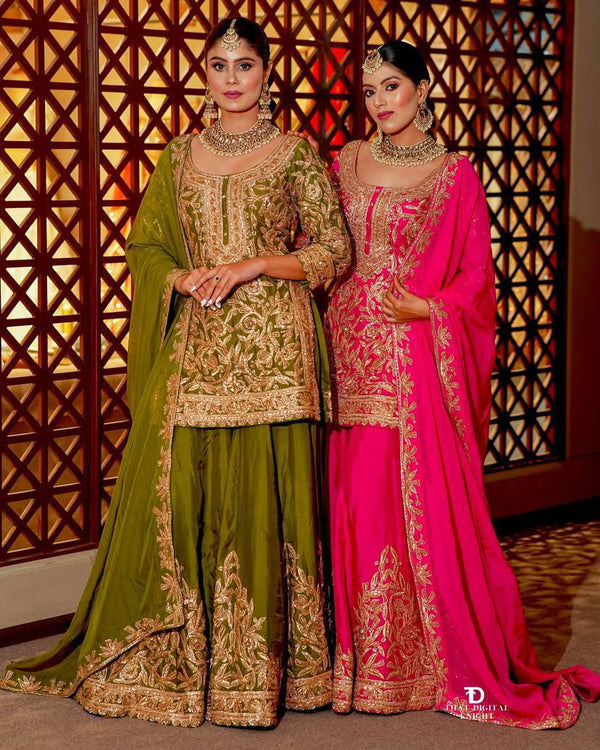 Pink & Green Heavy Chinon Silk Sharara Set