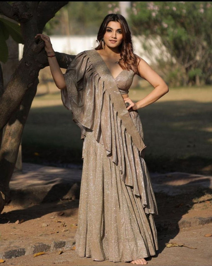 Silver Imported China Silk Lehenga Choli with Ruffle Dupatta - Tiamgee