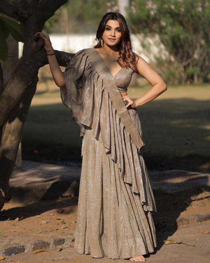 Silver Imported China Silk Lehenga Choli with Ruffle Dupatta - Tiamgee