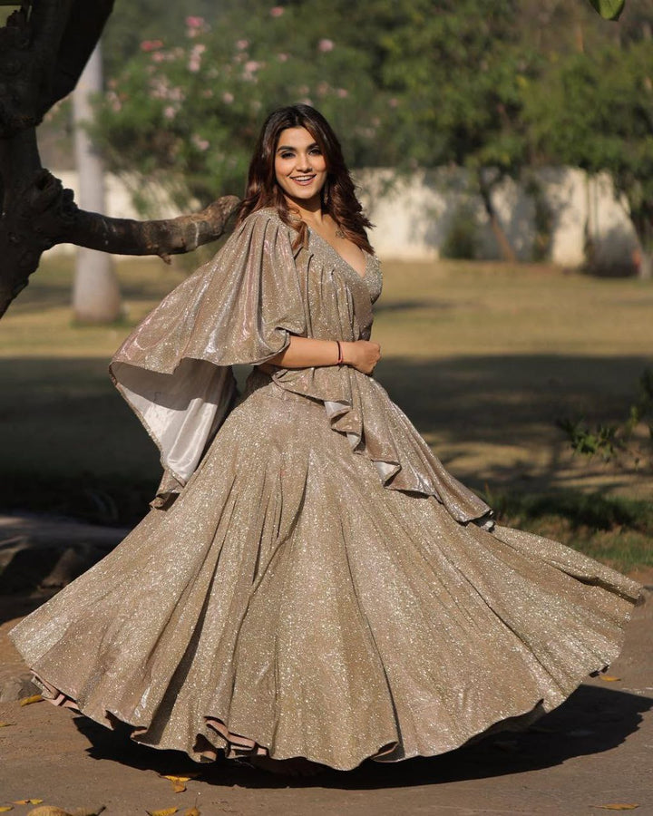 Silver Imported China Silk Lehenga Choli with Ruffle Dupatta - Tiamgee
