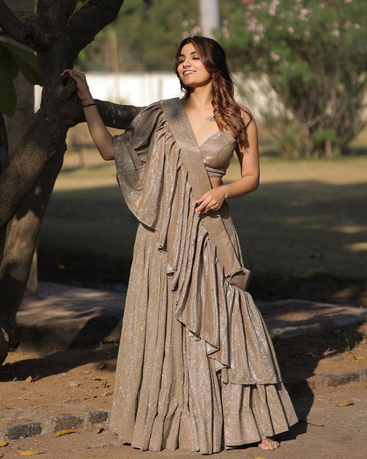 Silver Imported China Silk Lehenga Choli with Ruffle Dupatta - Tiamgee