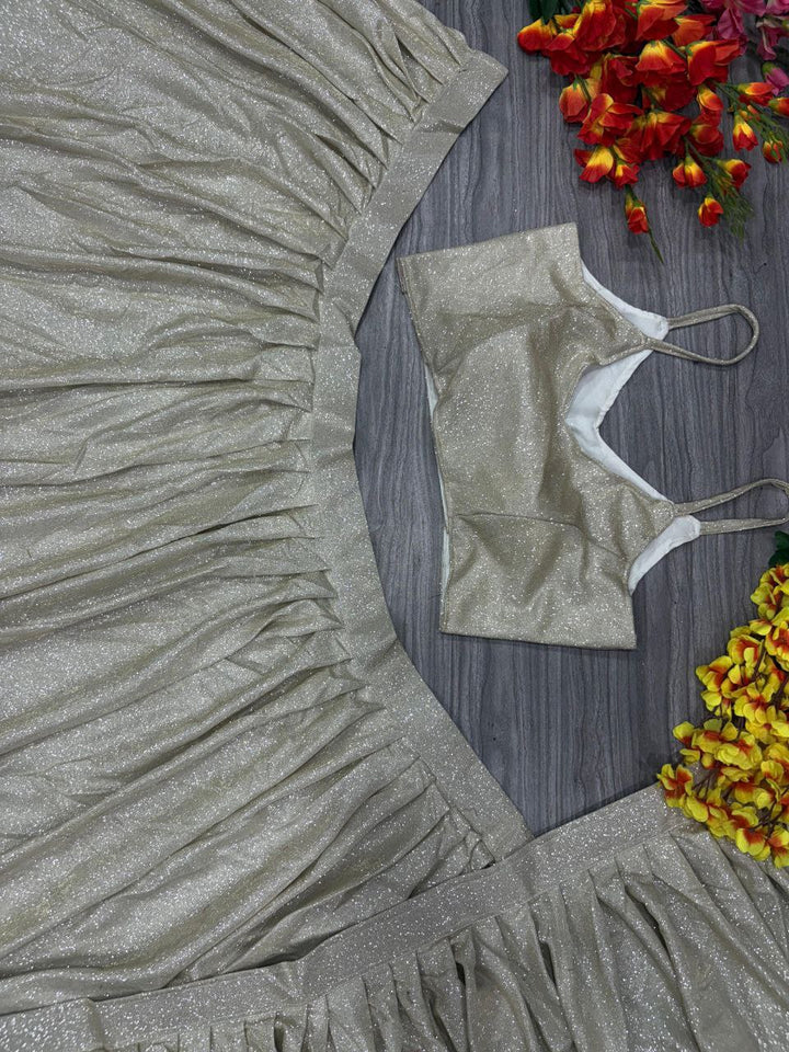 Silver Imported China Silk Lehenga Choli with Ruffle Dupatta - Tiamgee