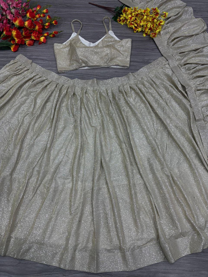 Silver Imported China Silk Lehenga Choli with Ruffle Dupatta - Tiamgee