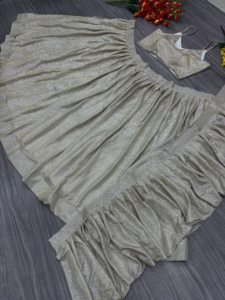 Silver Imported China Silk Lehenga Choli with Ruffle Dupatta - Tiamgee