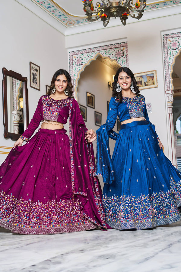 Dark Blue & Dark Purple Pure Vichitra Silk Heavy Embroidered Lehenga Set