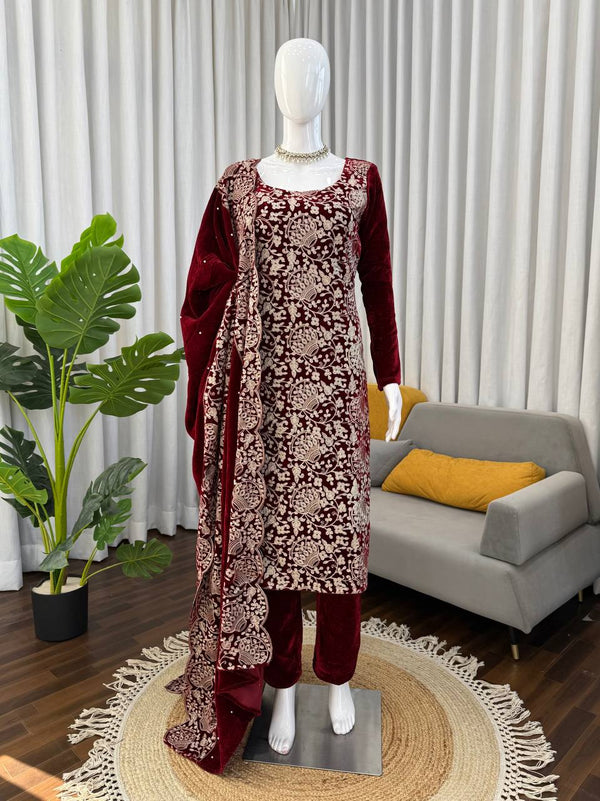 Maroon Viscose Velvet Top, Pant & Dupatta Set