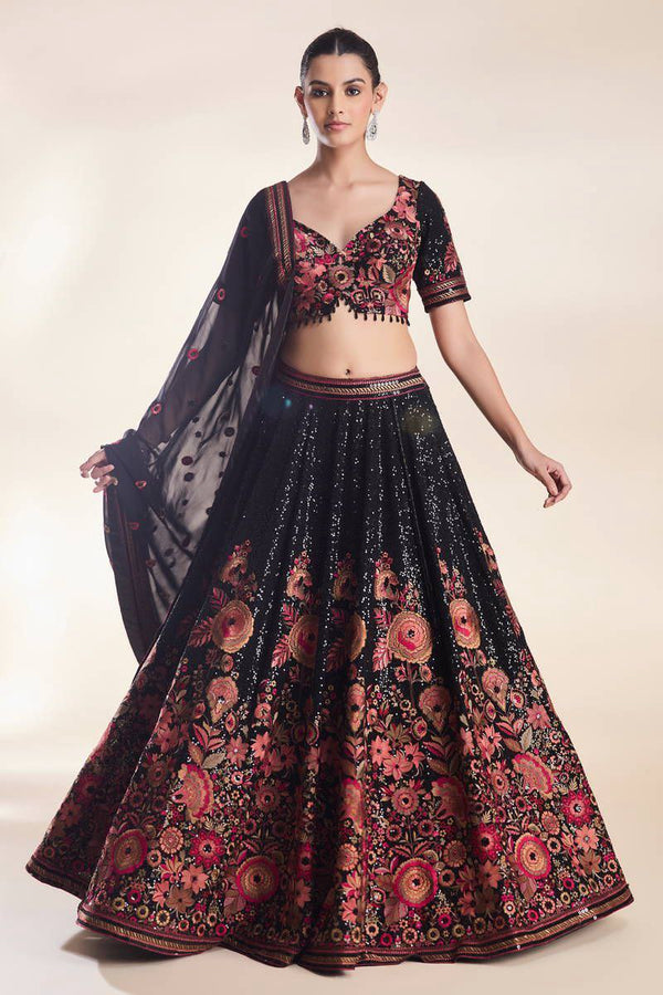Black Faux Georgette Lehenga Choli with Heavy Embroidery & Sequins Work
