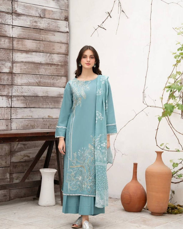 Blue Roman Silk Top with Plazzo & Printed Mal Cotton Dupatta