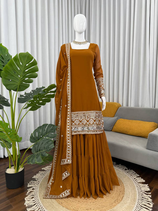 Brown Faux Georgette Sharara Set with Dupatta