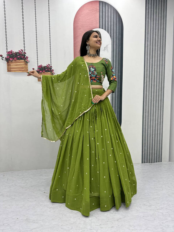 Green Kalamkari Print Lehenga Choli (Khatali Work)