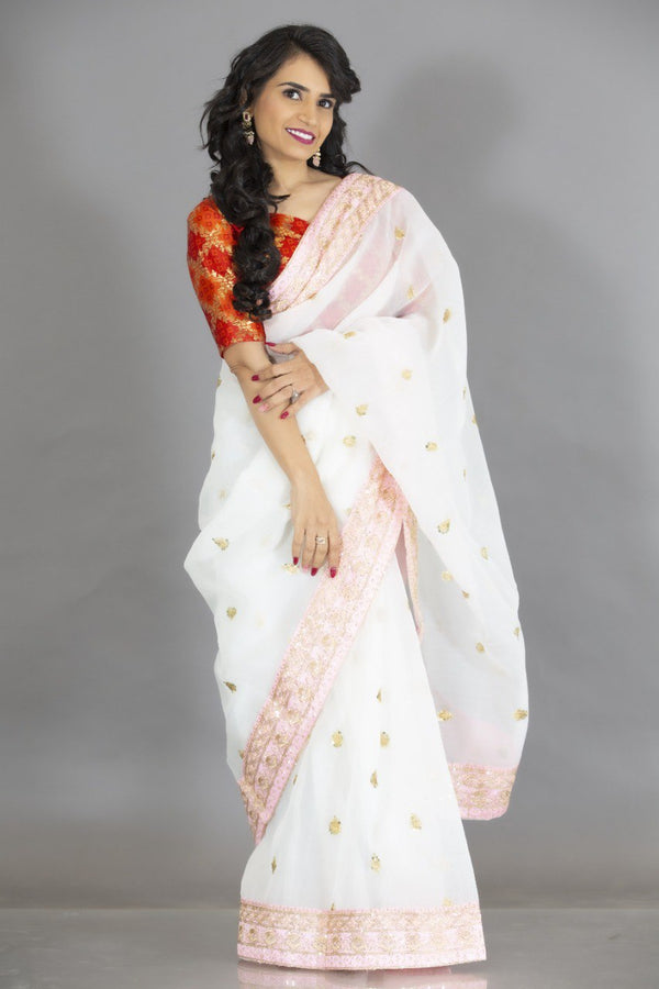White Khadi Organza Silk Saree with Multi-Thread &amp; Sequin Embroidery