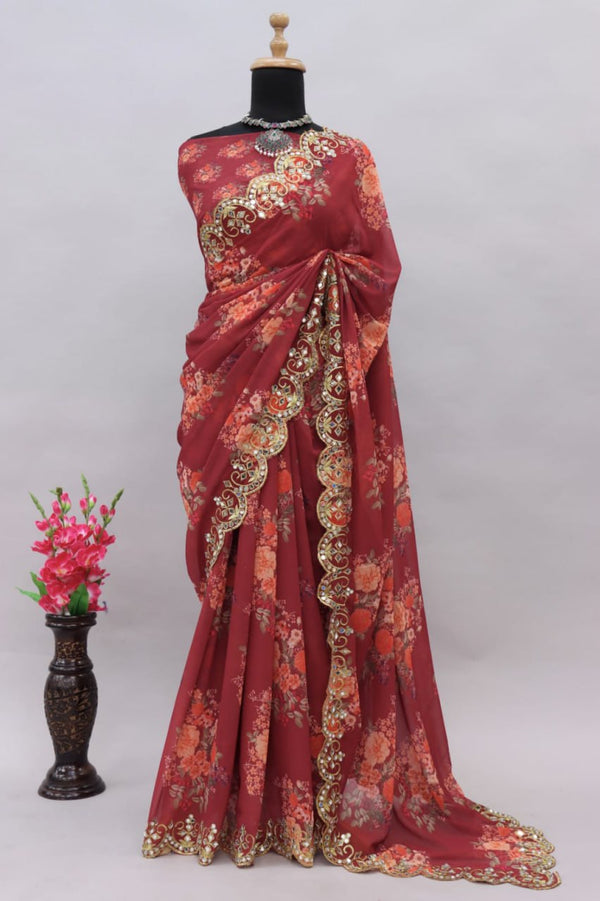 Faux Georgette Floral Digital Print Saree with Real Mirror Work