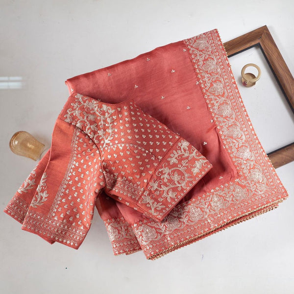 Peach Organza Silk Embroidered Saree