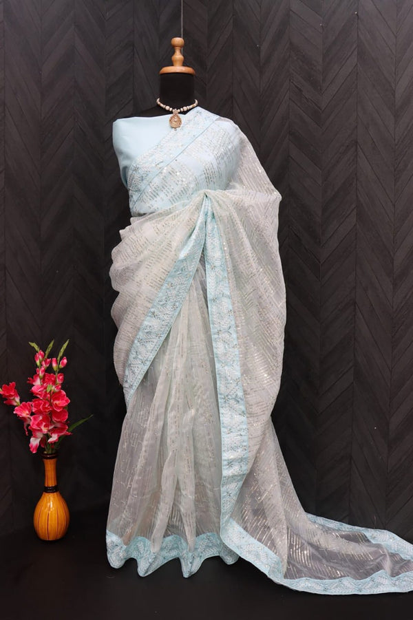 Light Blue & Light Pink Heavy Organza Silk Saree