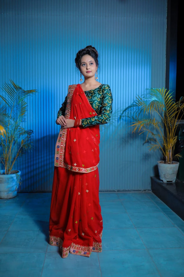 Red Faux Georgette Saree with Embroidery and Mirror Work