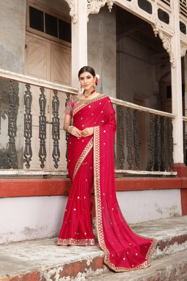 Red Pure Rangoli Silk Saree with Thread, Sequins, and Gota Patti Work