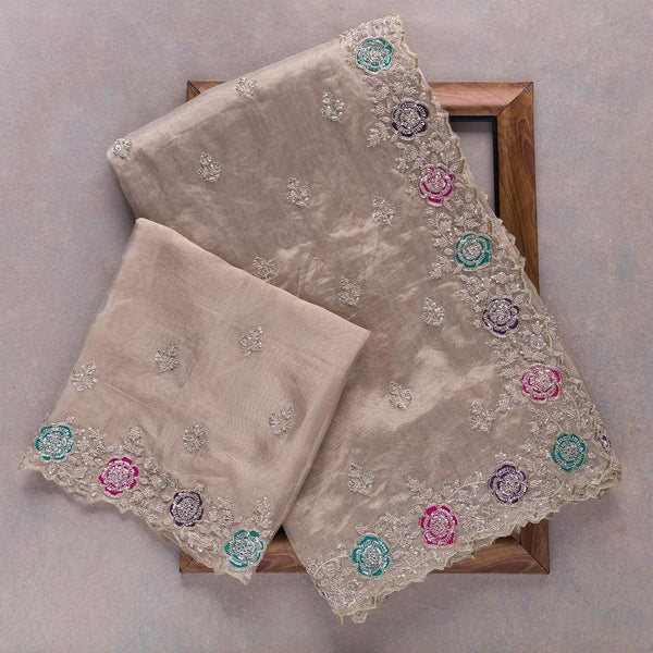 Chikoo Organza Saree with Multi-Thread and Zari Dori Embroidery
