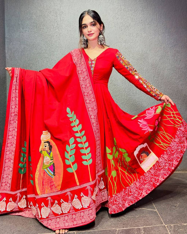 Red Rayon Navratri Special Top With American Silk Dupatta