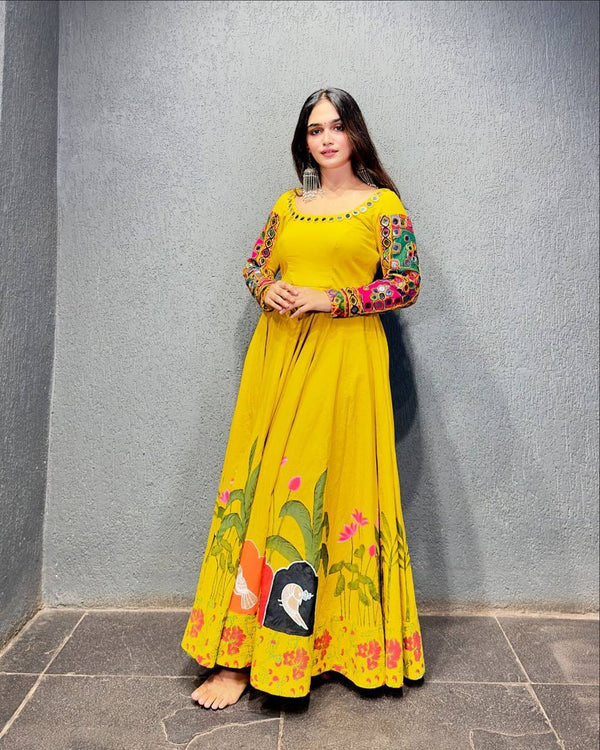 Yellow Rayon Navratri Special Gown With American Silk Dupatta