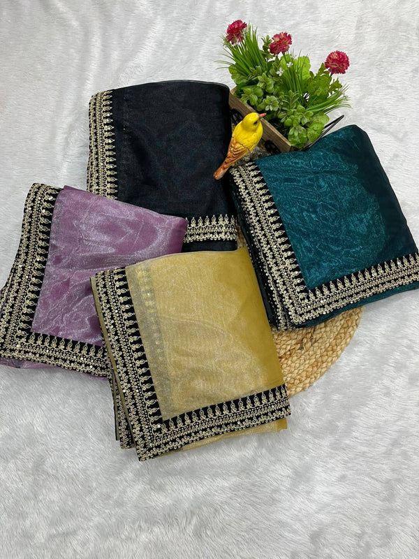 Soft Twill Net Saree with Sequins & Jari Dori Embroidery and Velvet Border