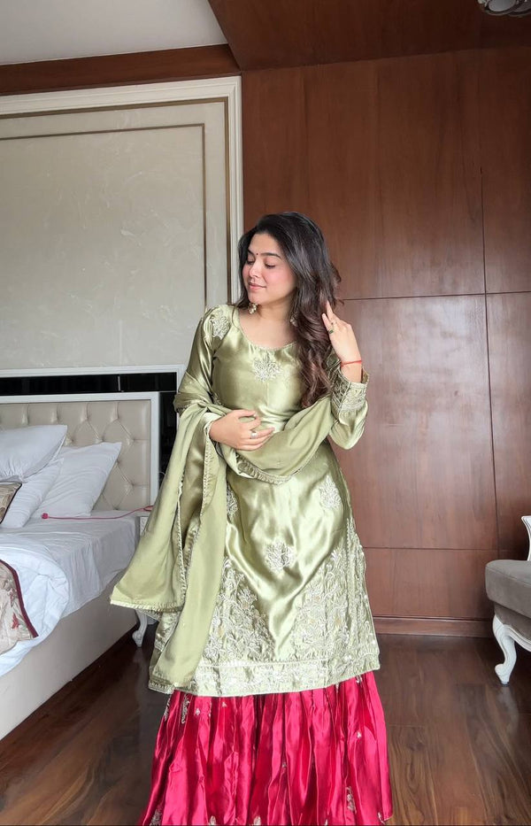 Green Moss Satin Kurti with Sharara and Embroidered Dupatta