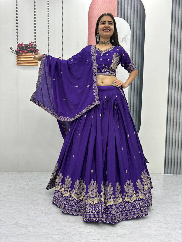 Purple & Dark Purple Chinon Embroidered Lehenga Choli Set with Dupatta