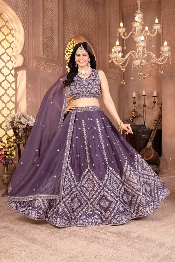 Light Purple Star Georgette Embroidered Lehenga Set