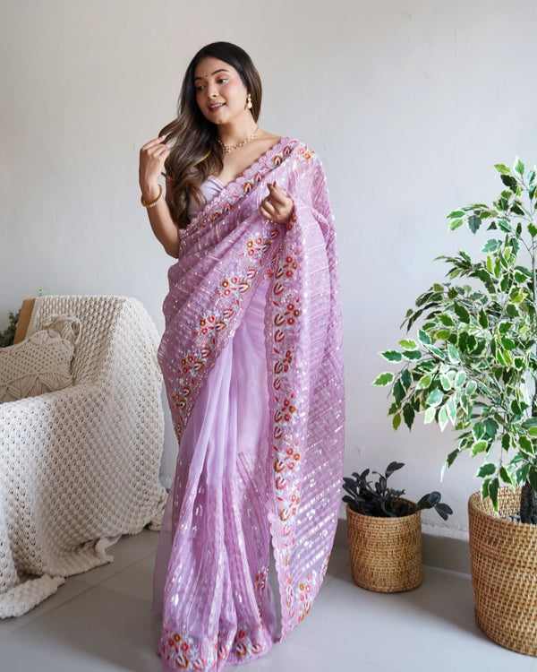Violet Pure Heavy Organza Silk Saree with Multi-Thread & 5mm Sequin Embroidery