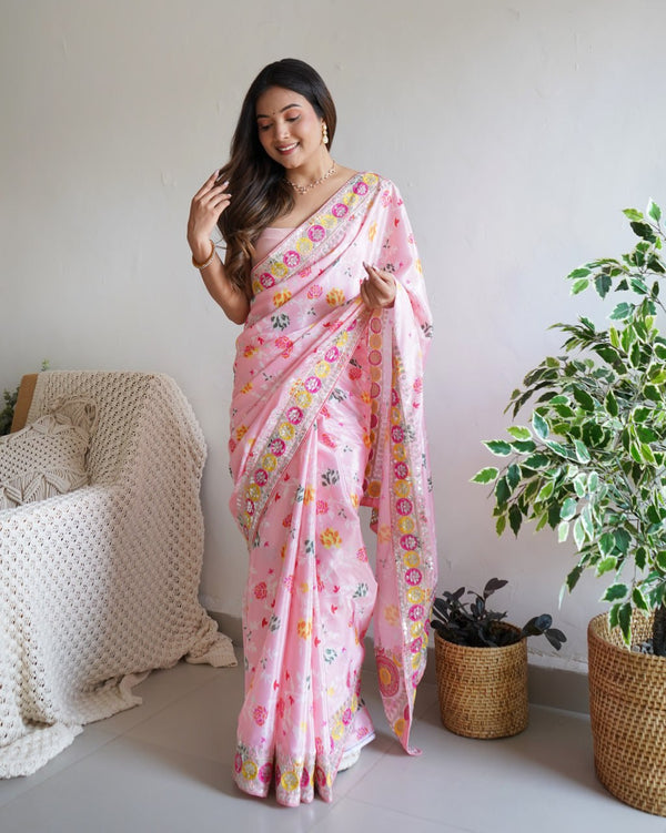 Pink & Blue Pure Chinon Silk Floral Digital Print Saree with Sequins & Multi-Thread Embroidery