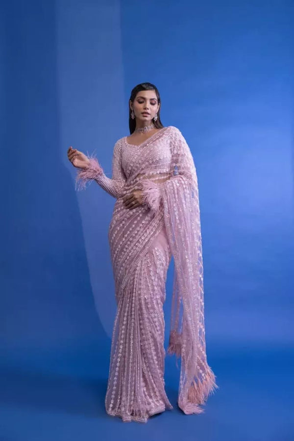 Pink Pure Heavy Butterfly Net Saree with Multi-Thread & Sequin Embroidery and Fancy Zalar Border