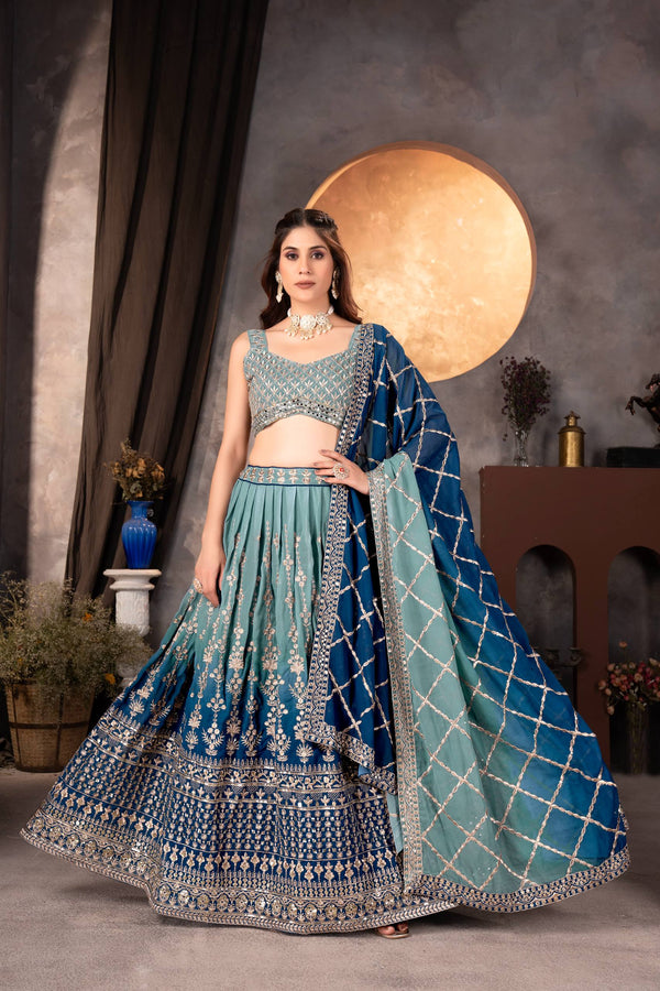 Blue Faux Georgette Embroidered Lehenga Set