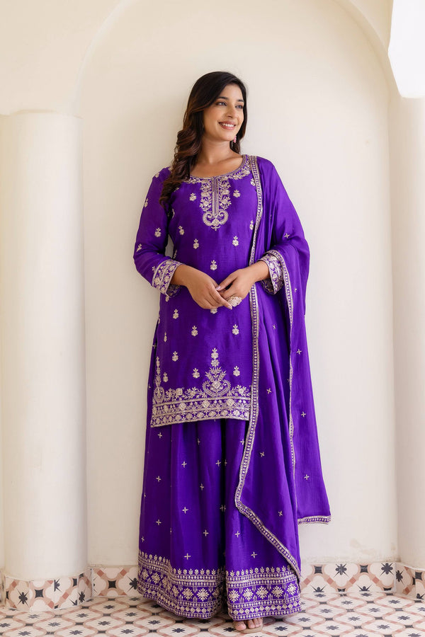 Chinon Embroidered Sequence Kurti with Palazzo & Dupatta Set