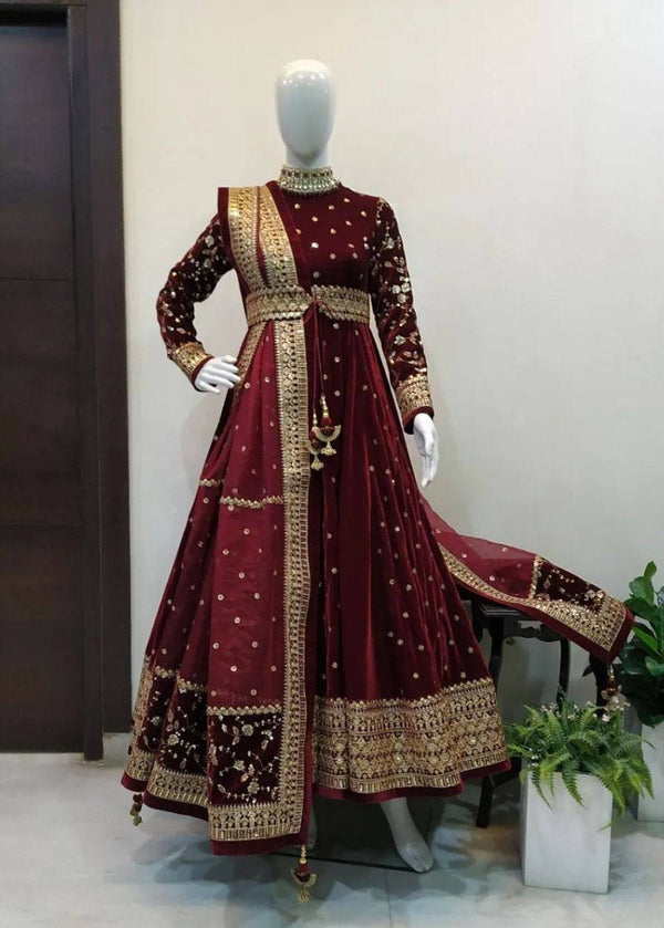 Maroon Heavy Viscose Velvet Embroidered Gown with Soft Net Dupatta & Belt