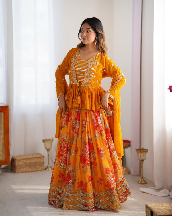 Yellow Faux Georgette Digital Print Lehenga Set with Thread & Sequin Work + Koti