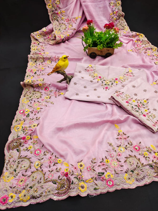 Light Pink Rangoli Silk Saree with Zari Dori and Multi-Thread Embroidery