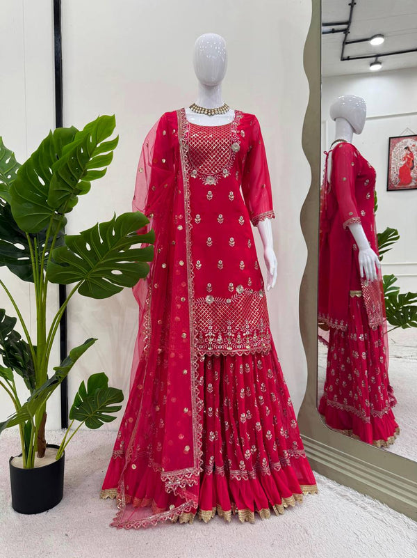 Red Faux Georgette Embroidered Sharara Set with Dupatta