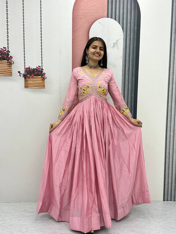 Pink Chinon Embroidered Fully Stitched Gown