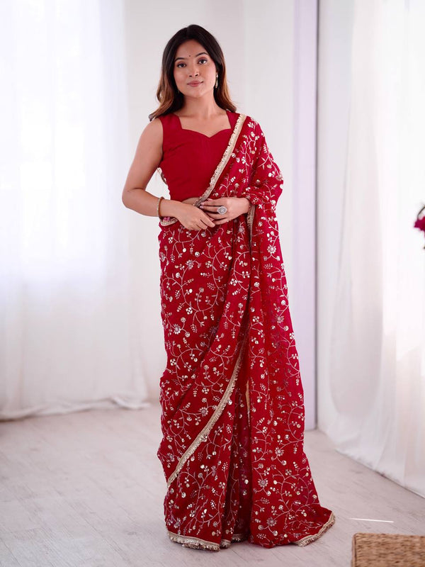 Cherry Red Crunchy Silk Designer Saree with Sequin Work