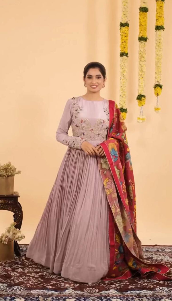 Pink Chinon Embroidered Gown with Kalamkari Dupatta