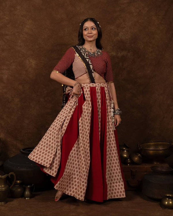 Red Navratri Special Printed Poly Rayon Chaniya Choli Set