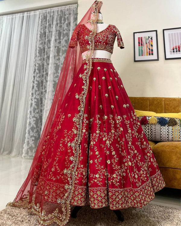 Red Malay Satin Silk Lehenga Choli with Dupatta
