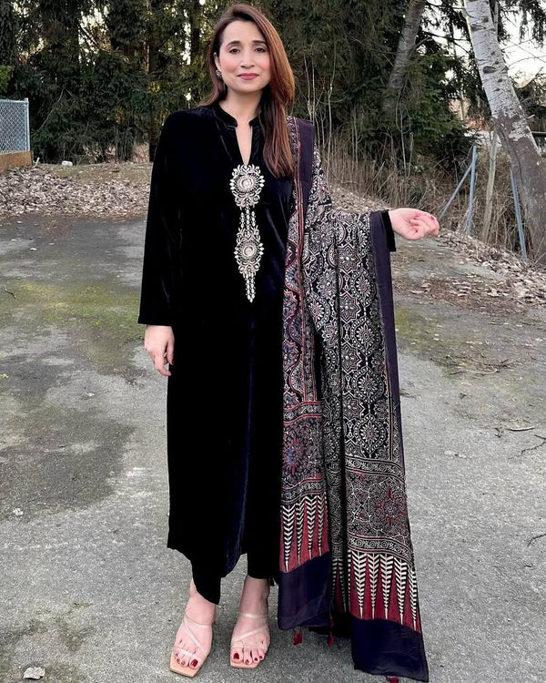 Blue Velvet Suit Set with Ajrakh Chinon Dupatta