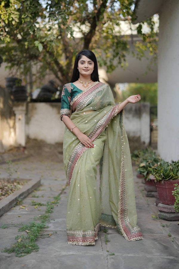 Heavy Twill Banarasi Crush Saree with Sequins & Cording Embroidery
