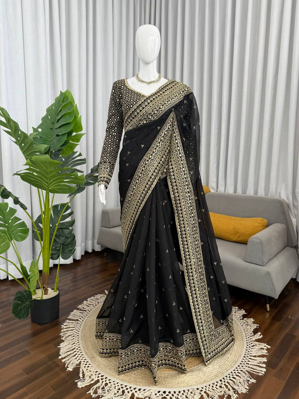 Black Tibby Silk Saree with Embroidered Blouse
