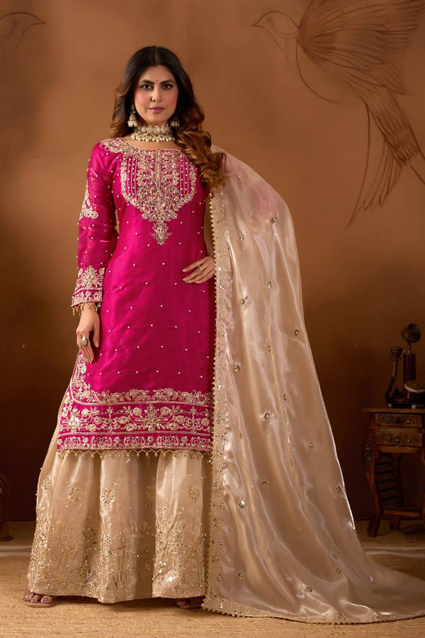 Pink Organza Silk Embroidered Suit Set