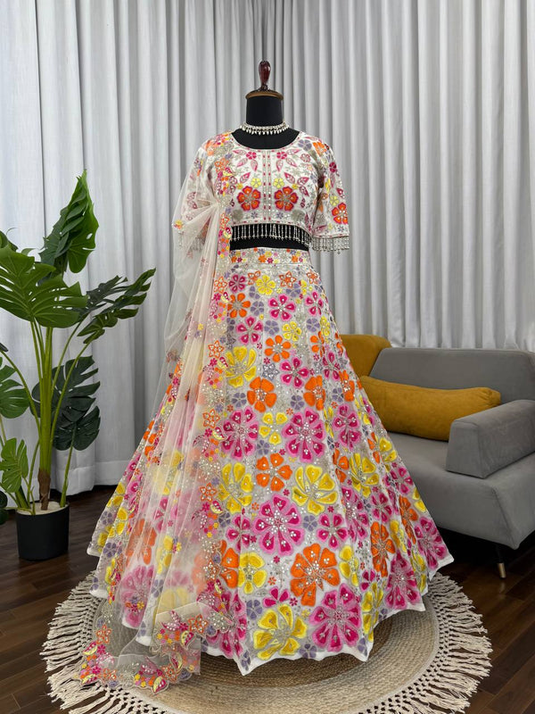 White Faux Georgette Lehenga Set with Thread & Sequence Work