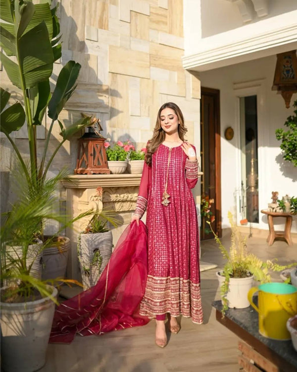 Pink Faux Georgette Anarkali Suit with Pant and Dupatta