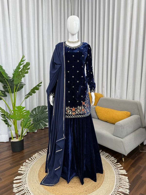 Dark Blue Velvet Top & Sharara Set