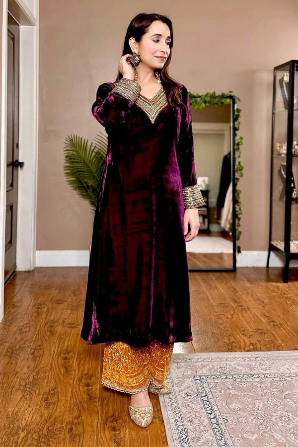 Purple Velvet Plazzo Set with Sequence & Real Mirror Work