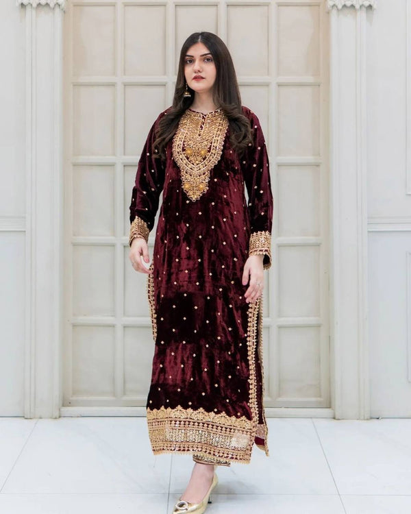 Viscose Velvet Embroidered Suit Set